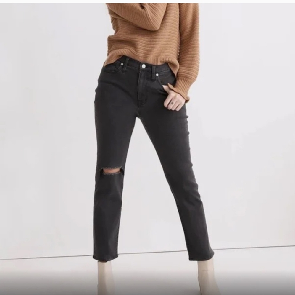 Madewell The‎ Girljean Women's 25P Jeans Gray Denim High Rise Ripped Ankle